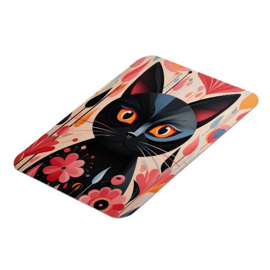 Magnet Flexible Chat Noir Adorable Avec Fleurs Roses (Côté Gauche)