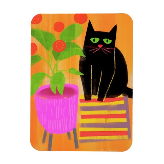 Magnet Flexible Chat Noir Adorable Avec Plantes (Vertical)