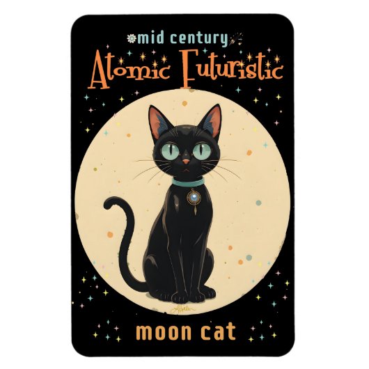 Magnet Flexible Chat noir futuriste atomique avec lune et texte (Vertical)