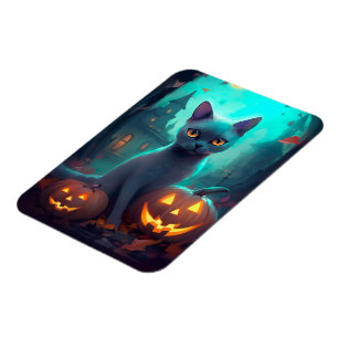 Magnet Flexible Chat Russe Bleu Halloween Avec Citrouilles Effraya