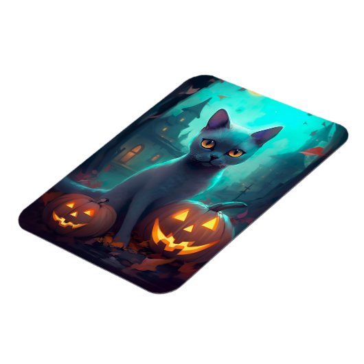 Magnet Flexible Chat Russe Bleu Halloween Avec Citrouilles Effraya (Côté Gauche)