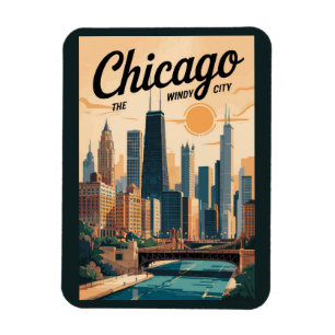 Magnet Flexible Chicago Illinois Horizon Voyage Art Rétro