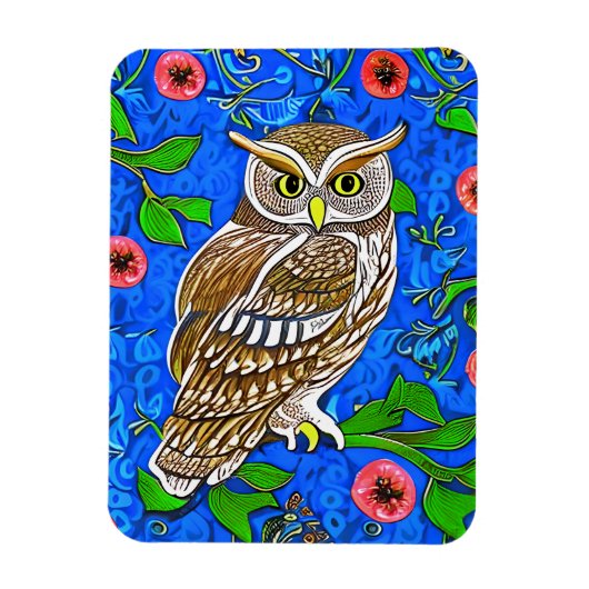 Magnet Flexible Chouette inspirée de l'Art Nouveau, Brown sur Bleu (Vertical)