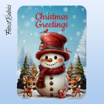 Magnet Flexible Christmas Snowman, Reindeer Xmas ☃️ vacances 🦌 🎄<br><div class="desc">Cet aimant de Noël est un souvenir unique. Le design présente un dessin animé mignon d'un bonhomme de neige avec un chapeau haut, des oiseaux cardinaux rouges et des rennes floraux (cerf, pie, Doe), chacun avec des fleurs poinsettia cachées dans leurs oreilles. Le tout face à un arrière - plan...</div>