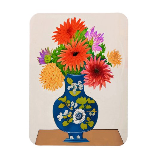 Magnet Flexible Chrysanthèmes dans un vase chinois bleu (Vertical)