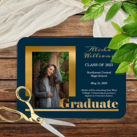 Magnet Flexible Classy Elegant Gold Text Graduate 1 Photo Dk Turqu