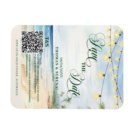 Magnet Flexible Code QR Plage Tropicale Économisez la Date de Dest (Horizontal)