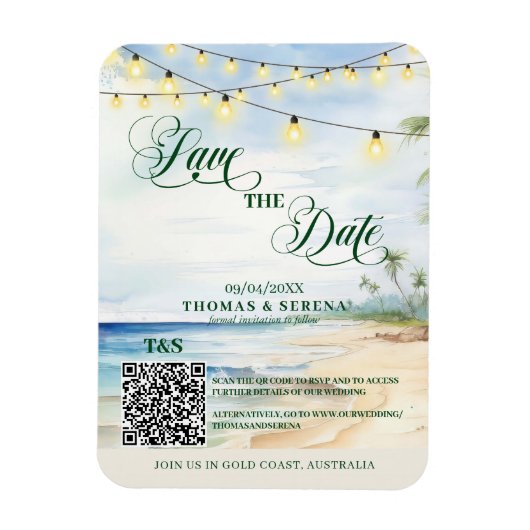 Magnet Flexible Code QR Plage Tropicale Enregistrer la Date de Des (Vertical)