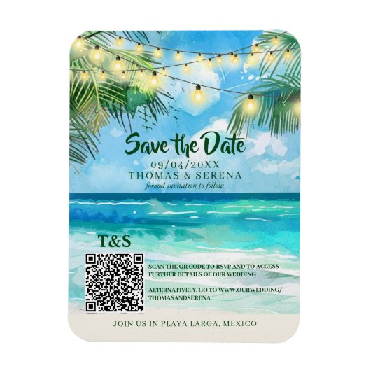 Magnet Flexible Code QR Plage Tropicale Enregistrer la Date de Des (Vertical)