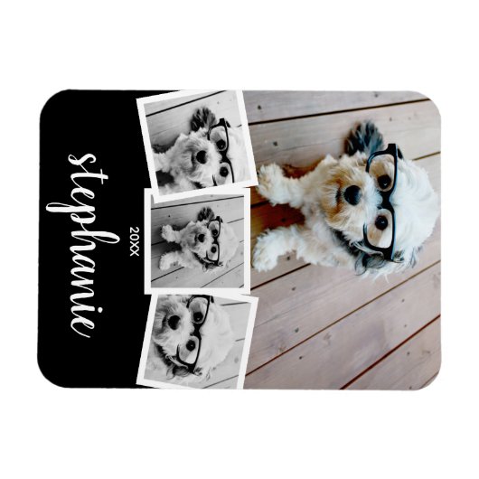 Magnet Flexible Collage photo 4 tendance Nom du script noir blanc (Horizontal)