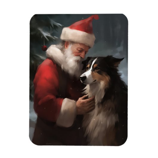 Magnet Flexible Collie frontalier avec Noël Festif du Père Noël (Vertical)
