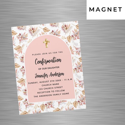 Magnet Flexible Confirmation pampas fleurs rose or invitation