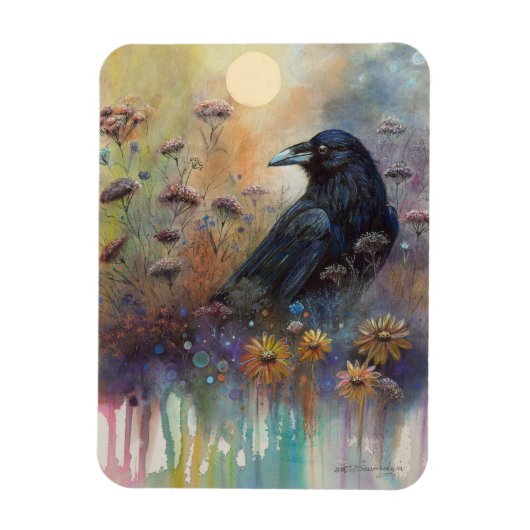 Magnet Flexible Corbeau peint à la main avec Fleurs sauvages (Vertical)