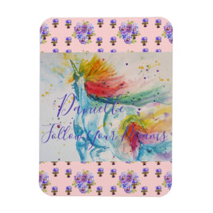 Magnet Flexible Couverture de licorne aquarelle rose avec prénom d