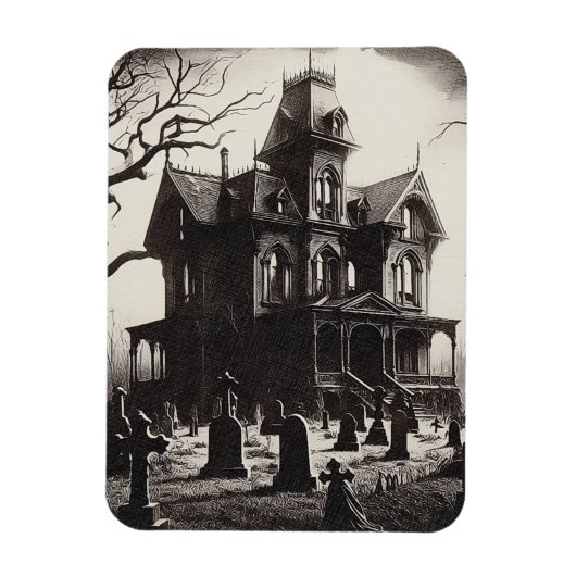 Magnet Flexible Creepy Haunted House Graveyard Drawing (Vertical)
