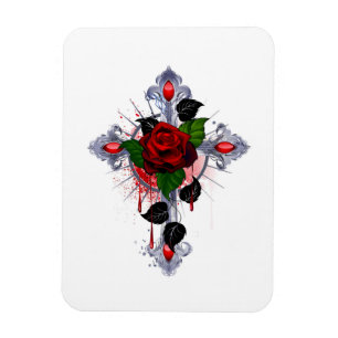 Magnet Flexible Croix d'argent avec une rose rouge