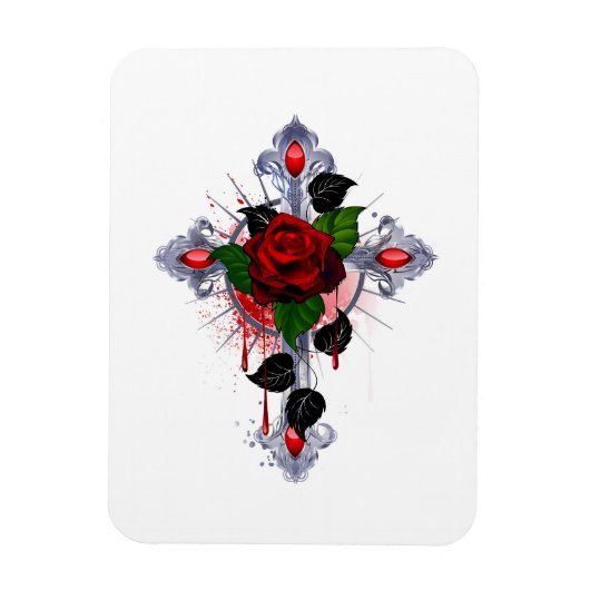 Magnet Flexible Croix d'argent avec une rose rouge (Vertical)