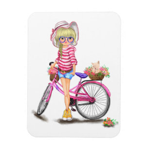 Magnet Flexible Cute Blonde Girl with Pink Bike and Cat à Flowers