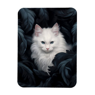 Magnet Flexible Cute Furry Chat Blanc Assis Parmi Les Feuille