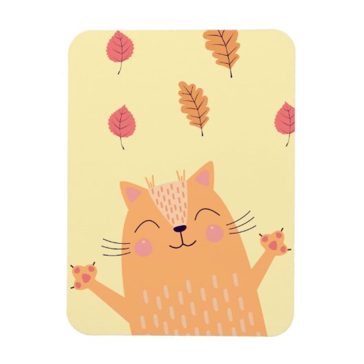 Magnet Flexible Cute Ginger Orange Cat Playing in Autumn Leaves (Vertical)