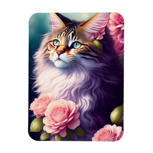 Magnet Flexible Cute Maine Coon Chat Face & Fleur (Vertical)