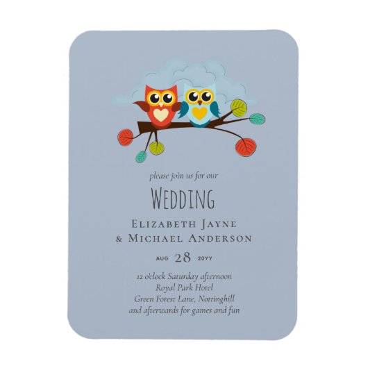 Magnet Flexible Cute OWLS Themed Wedding Blue Orange (Vertical)