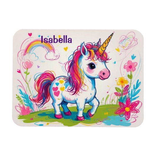 Magnet Flexible Cute Unicorn Scribbles Avec Nom Enfants (Horizontal)