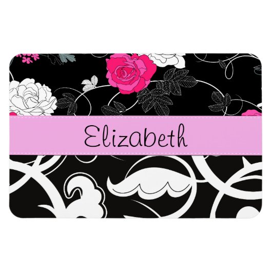 Magnet Flexible Damas, Fleurs, Noir et Blanc, Votre nom (Horizontal)