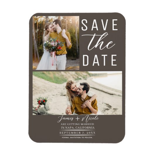 Magnet Flexible Dark Taupe Modern 2 Photos Enregistrer la date Mar (Vertical)