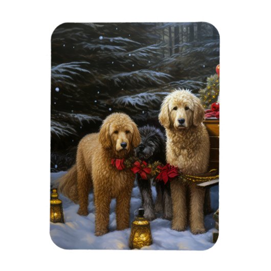 Magnet Flexible Décor de Noël Goldendoodle Snowy Sleigh (Vertical)
