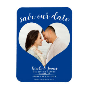 Magnet Flexible Deep Blue Heart Photo Wedding Enregistrer la date