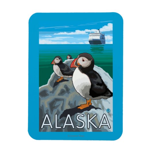 Magnet Flexible Des macareux regardent un bateau de croisière (Vertical)