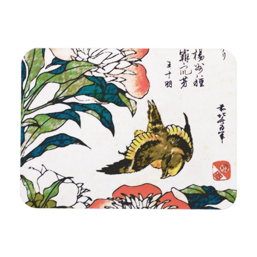 Magnet Flexible Dessin japonais vintage, Peonies et Bruant (Horizontal)