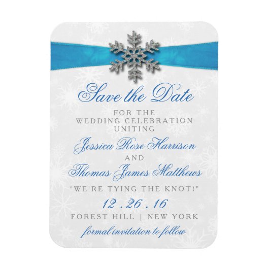 Magnet Flexible Diamante Snowflake & Blue Ribbon Mariage d'hiver (Vertical)