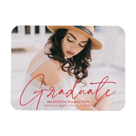 Magnet Flexible Diplômé moderne Red Script Photo Graduate (Horizontal)
