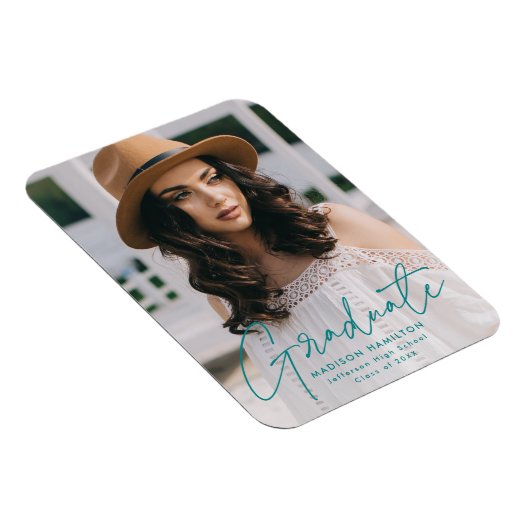Magnet Flexible Diplômé Moderne Turquoise Script Photo Graduation (Côté Droit)