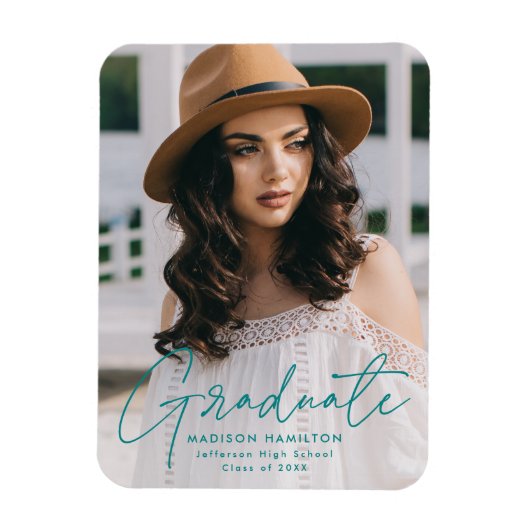 Magnet Flexible Diplômé Moderne Turquoise Script Photo Graduation (Vertical)