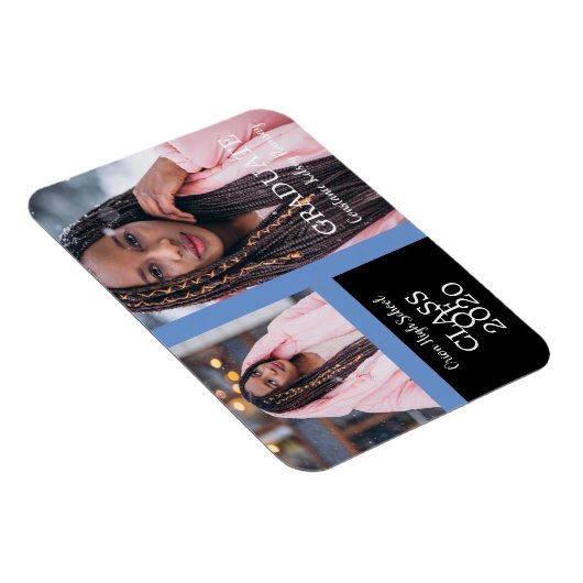 Magnet Flexible Diplômé Simple Deux Photos Graduation en Bleu (Côté Droit)