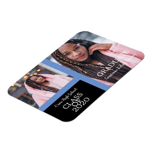 Magnet Flexible Diplômé Simple Deux Photos Graduation en Bleu (Côté Gauche)