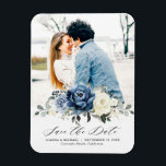 Magnet Flexible Dusty Blue Navy Champagne<br><div class="desc">Dusty blue floral save the date magnet featuring elegant bouquet of navy blue, royal blue , white , gold, champagne ivory, blush color rose , ranunculus flower buds and sage green eucalyptus leaves and elegant watercolor bouquet. Please contact me for any help in customization or if you need any other...</div>