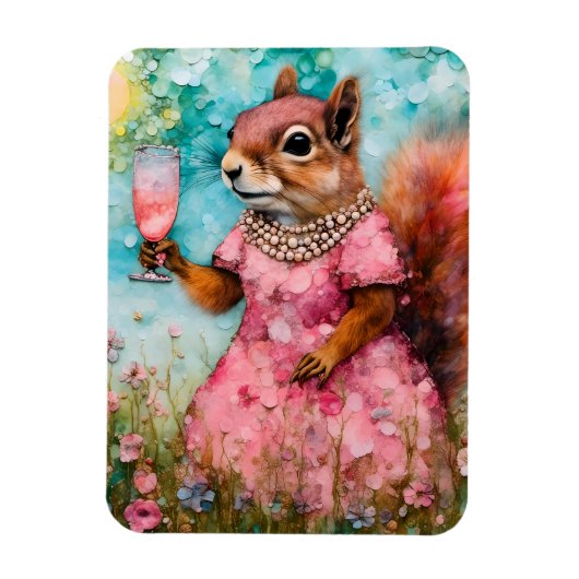 Magnet Flexible Écureuil avec robe rose et un verre (Vertical)