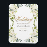 Magnet Flexible Elégant blanc Mariage de verdure<br><div class="desc">Jolies fleurs blanches à la végétation foncée et élégante mélangée à l'eucalyptus. C'est un grand "Save the Date" pour votre réfrigérateur.</div>