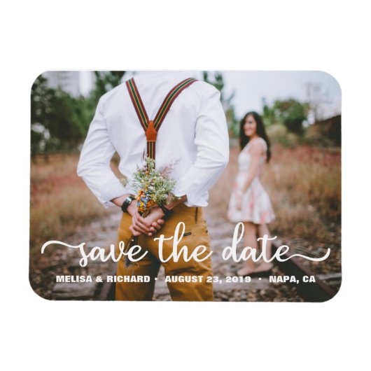 Magnet Flexible Élégant Calligraphy Couple Photo Save The Date (Horizontal)