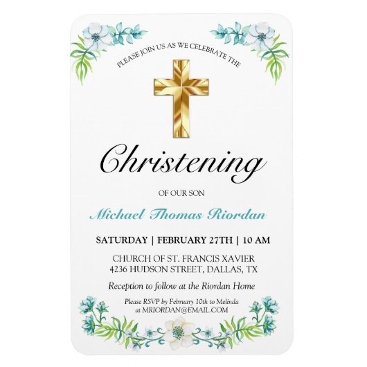 Magnet Flexible Elégant Croix d'or du Bleu Christening garçon (Vertical)