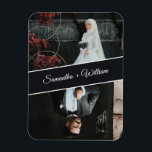 Magnet Flexible Élégant Et Moderne Personnalisé 2 Mariage Photo<br><div class="desc">Célébrez l'amour avec cet élégant aimant de mariage personnalisé avec deux photos personnalisées de la mariée et du marié avec leurs noms présentés dans une bannière élégante en diagonale. Un design moderne et intemporel, parfait pour les faveurs de mariage, sauver les dates, ou comme un cadeau de conservation pour la...</div>