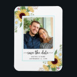 Magnet Flexible Élégant Mariage Floral De Tournesol Enregistrer La<br><div class="desc">Dispose d'un beau design de tournesol et de fleurs avec votre photo et personnalisée avec vos noms et date mariage. Faites un grand cadeau,  une faveur,  ou un joli rappel de votre jour spécial à venir. Design©Rosalind Moore,  Cherry Lane Designs.</div>