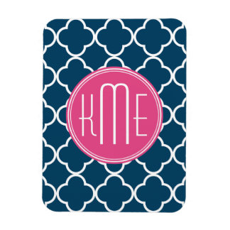 Magnet Flexible Élégant Quatrefoil bleu marine avec Monogramme ros