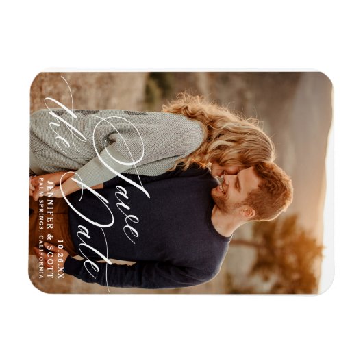Magnet Flexible Élégant script blanc | Mariage Enregistrer La Date (Horizontal)
