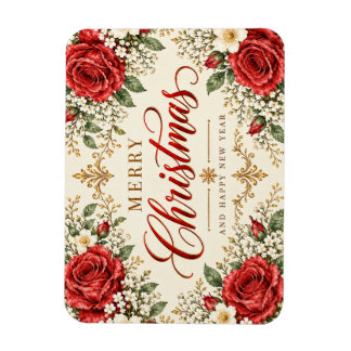 Magnet Flexible Élégante Poinsettia et Houx de Noël Vintage