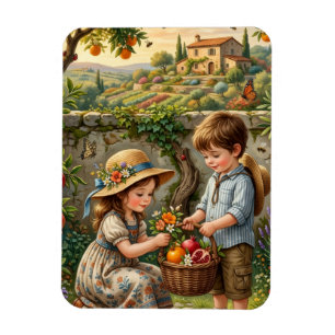 Magnet Flexible Enfants récoltant des pommes dans la campagne rust
